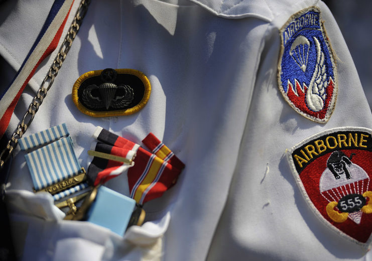 Close up of the shirt of a Buffalo Ranger, decorated with medals