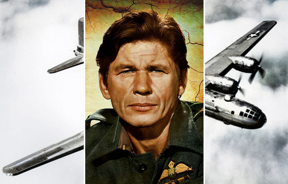 Portrait of Charles Bronson + Boeing B-29 Superfortress in the air