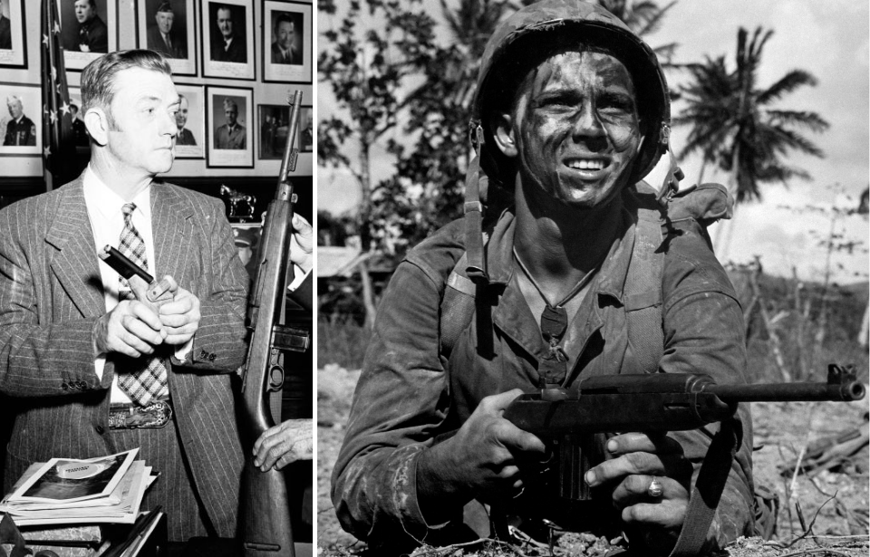 David Marshall Williams standing + A U.S. Marine holding an M1 Carbine