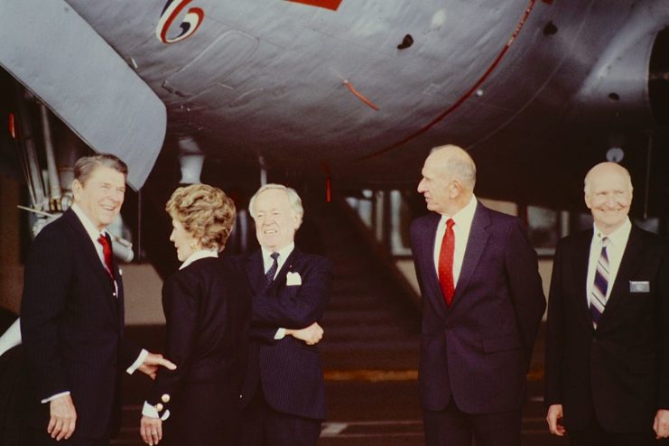 Gail S. Halvorsen standing with Ronald and Nancy Reagan and Captain Jack Bennet