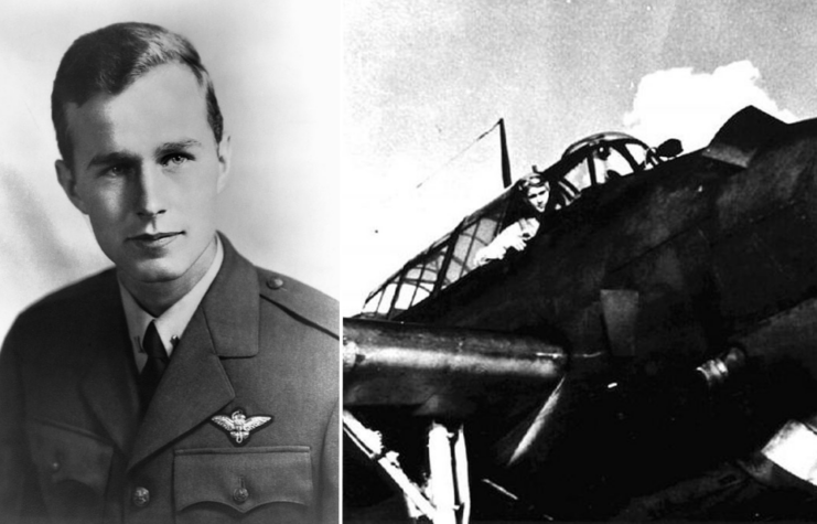 Military portrait of George H.W. Bush + George H.W. Bush sitting in the cockpit of a Grumman TBM Avenger