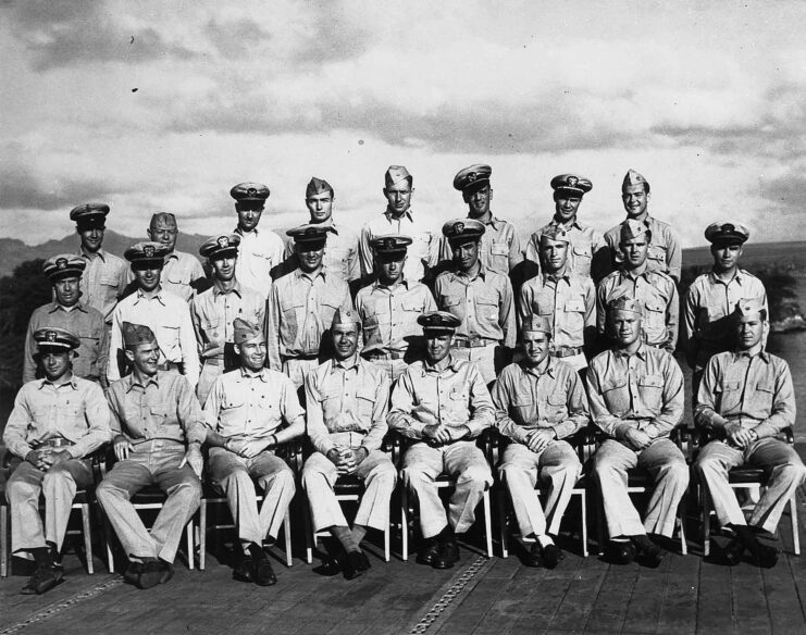 Portrait of the gunnery officers serving aboard the USS Monterey (CVL-26)