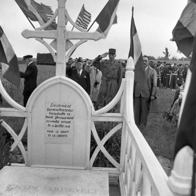 Soldiers salute the grave of Quentin Roosevelt at Belleau American Cemetery in 1953. 