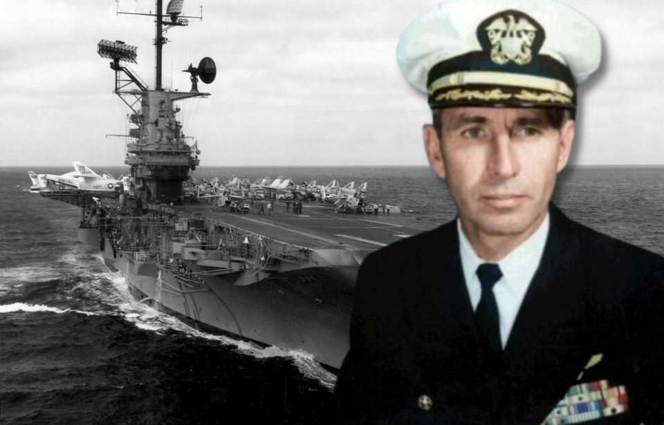 USS Bon Homme Richard (CV-31) at sea + Military portrait of George Stephen Morrison