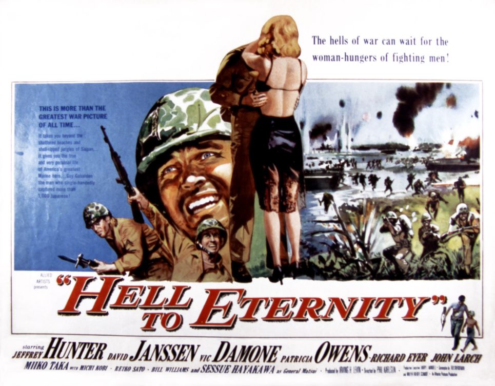 Hell To Eternity, poster, Poster Art, Jeffrey Hunter, 1960. (Photo by LMPC via Getty Images)