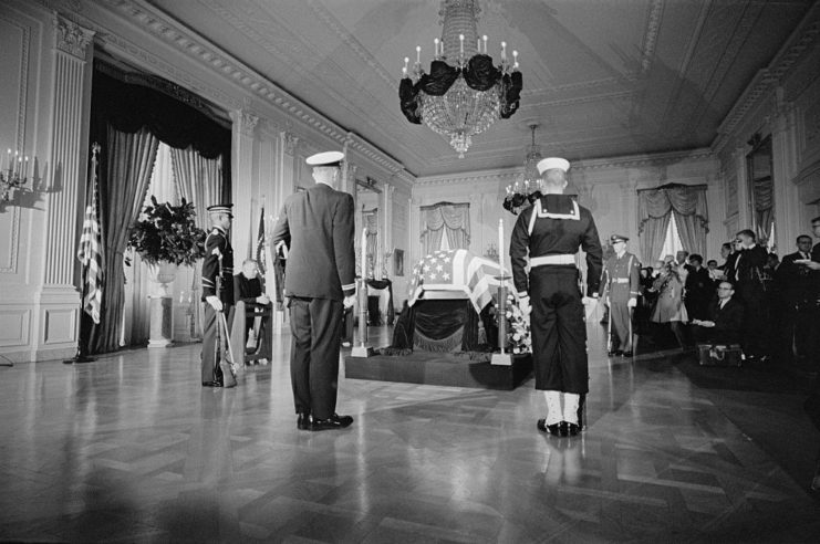 Two Honor Guards standing watch of John F. Kennedy's casket