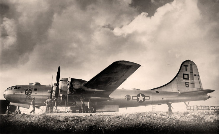 Joltin' Josie the Pacific Pioneer crew standing around the B-29 Superfortress