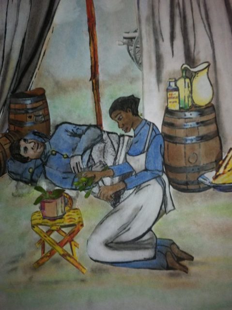 Lucy Higgs uses foraged herbs to treat a wounded soldier.