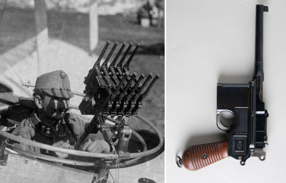 Austro-Hungarian pilot sitting in the cockpit with 10 Mauser C96s + Mauser C96 on a white table