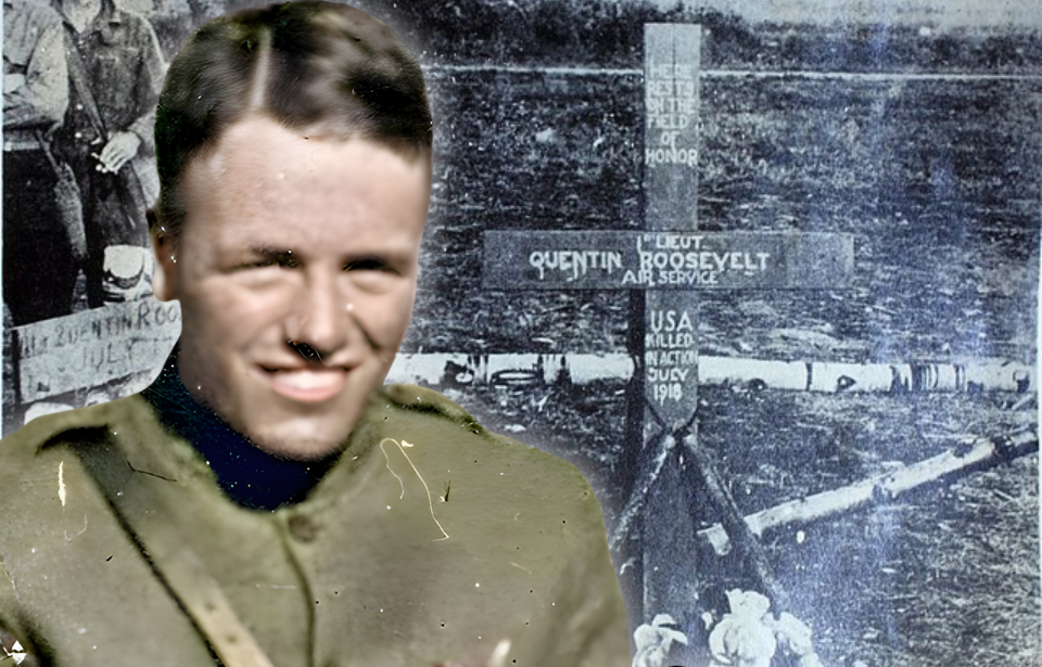 Quentin Roosevelt's grave marker + Quentin Roosevelt in his military uniform