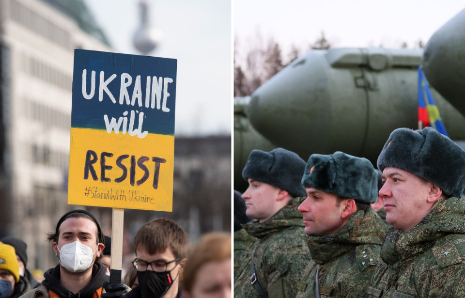 Protestor in Ukraine holding up a protest sign + Russian soldiers lined up
