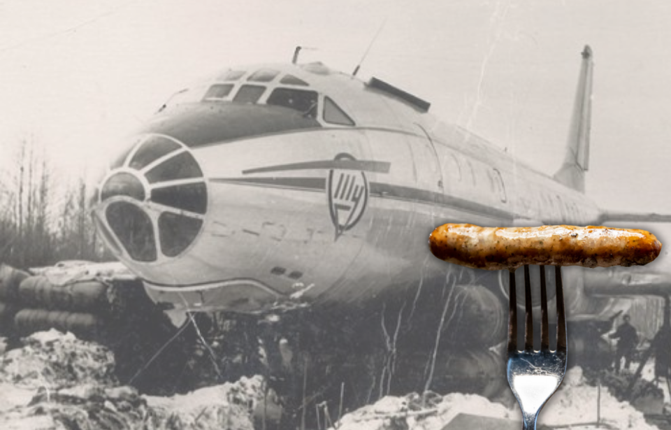 Tupolev Tu-104 in the snow + Fork holding up a sausage