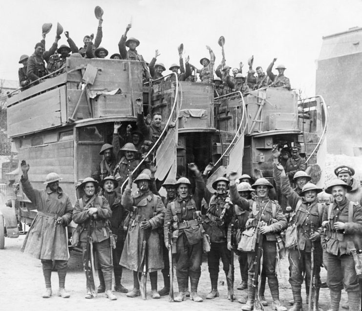 British soldiers with a Type B Bus "Pigeon Loft"