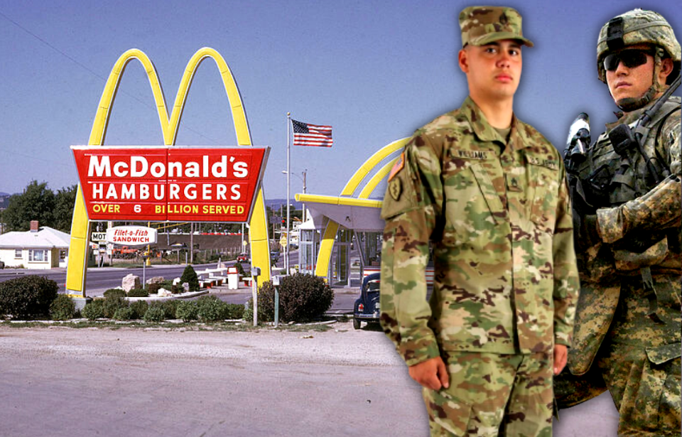Exterior of a McDonald's restaurant + US Army soldiers in fatigues