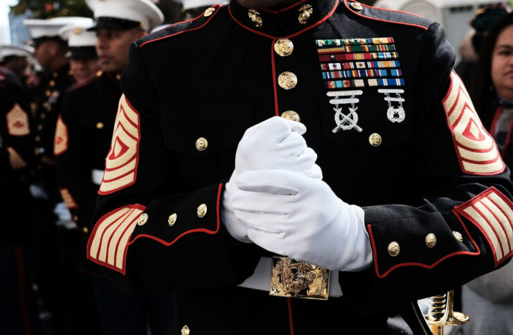 Close-up of US Marines standing together in line
