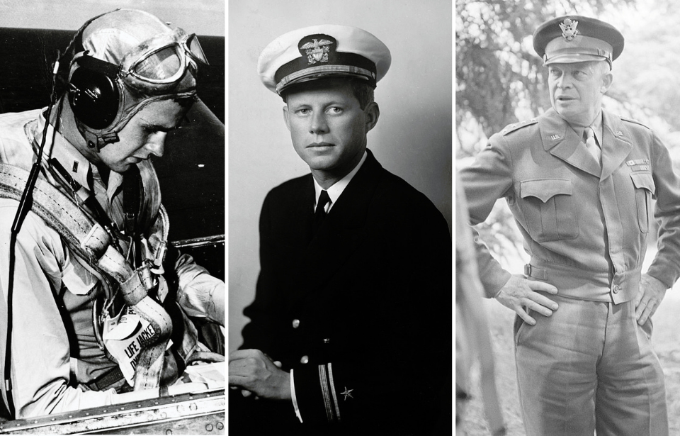 George H.W. Bush sitting in the cockpit of an aircraft + Military portrait of John F. Kennedy + Dwight D. Eisenhower standing with his hands on his hips