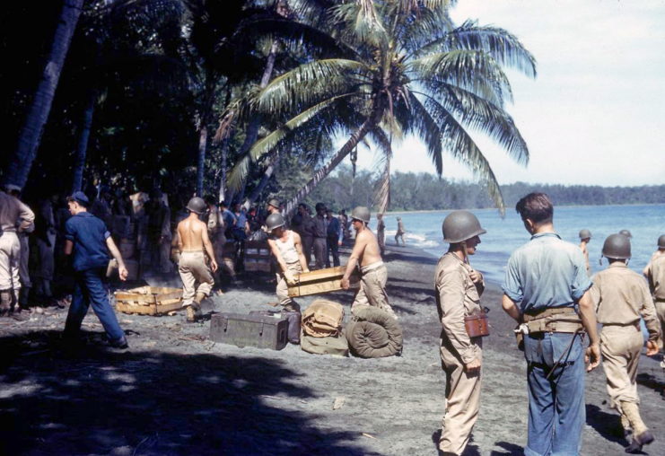 American troops moving supplies along the beach of Guadalcanal