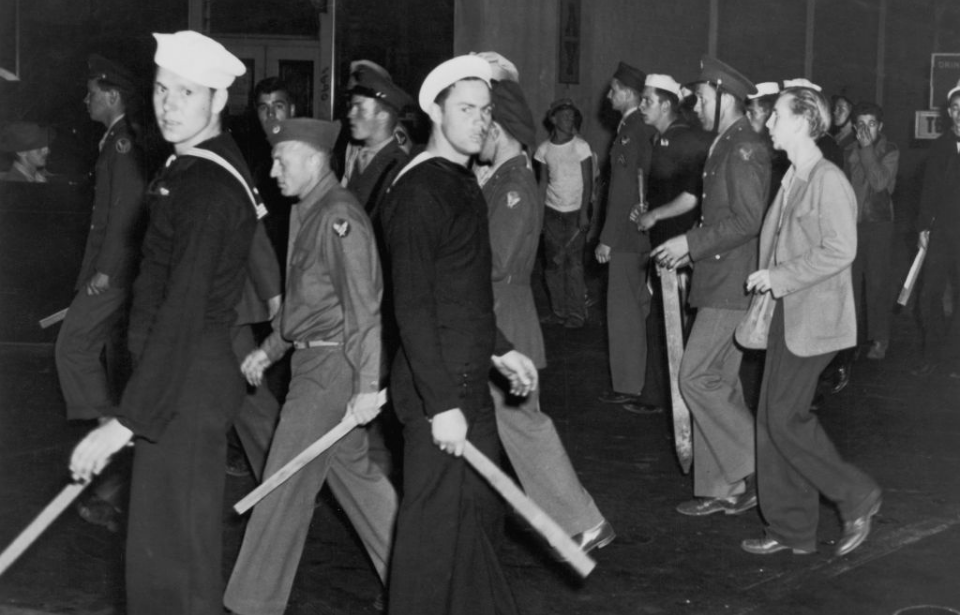 American sailors and Marines armed with sticks during the Zoot Suit Riots