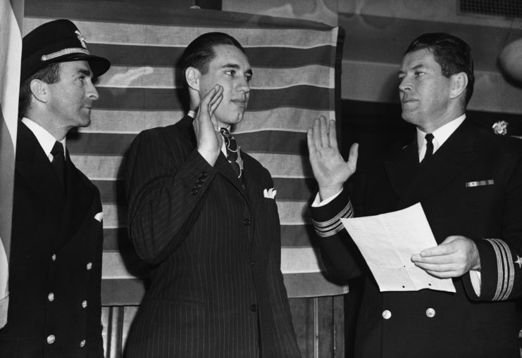 Bob Feller pledging the military oath.