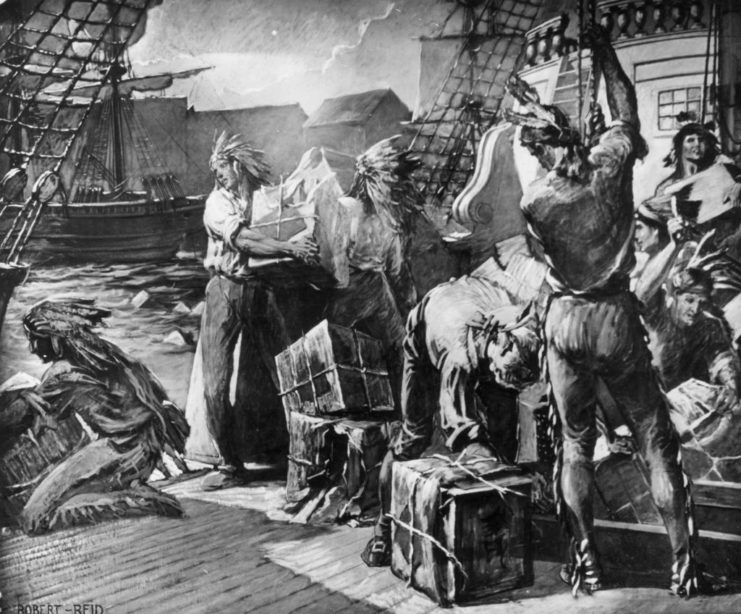 Artist's depiction of protesters dressed as Native Americans, throwing tea into Boston Harbor 
