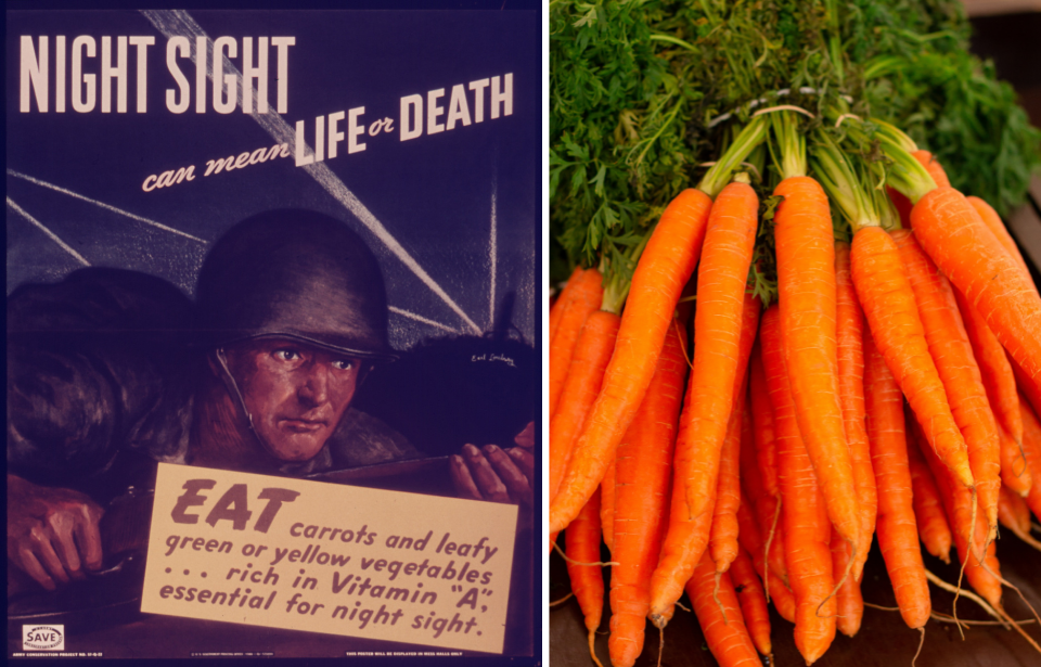 WWII-era propaganda poster promoting a diet of carrots and other vegetables + Bundle of carrots