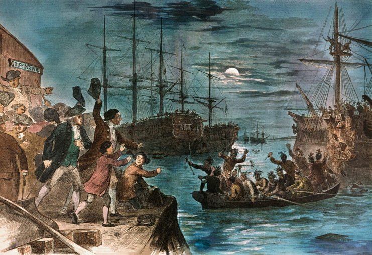 Painting of Colonists throwing tea into Boston Harbor