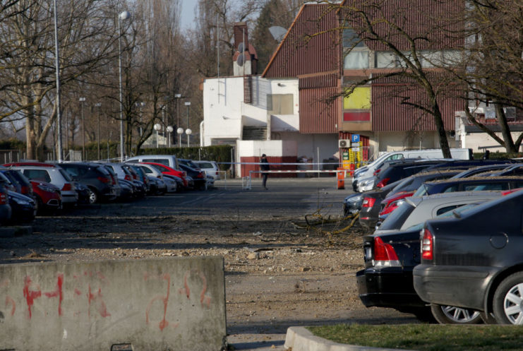 Parking lot covered in debris