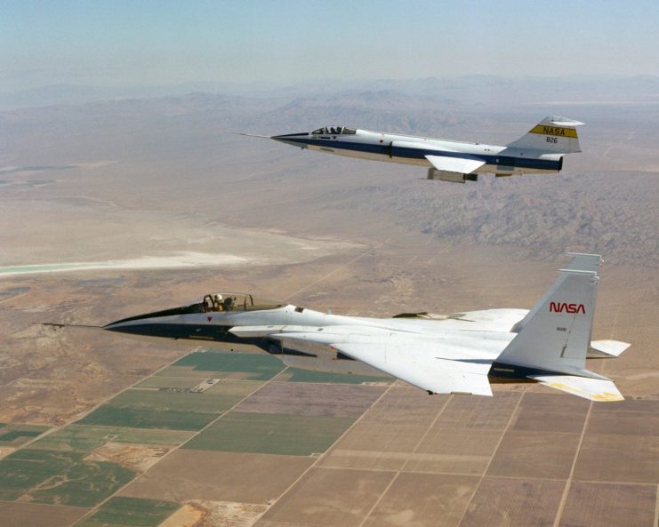 F-104 Shooting Star and F-15 Eagle in flight