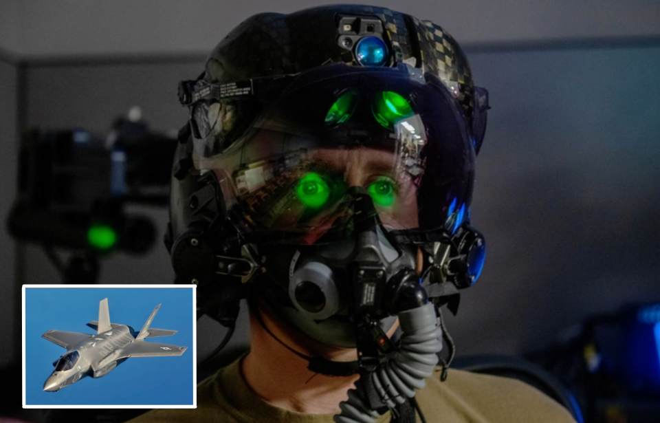 Tech. Sgt. Anthony Farnsworth wearing an F-35 helmet + F-35A Lightning II in flight
