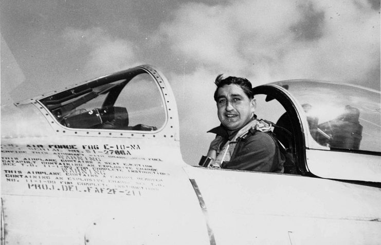 Gabby Gabreski in the cockpit of a fighter aircraft