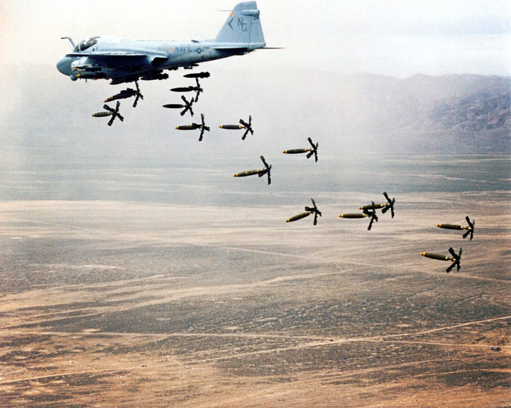 An A-6 Intruder dropping bombs while in flight