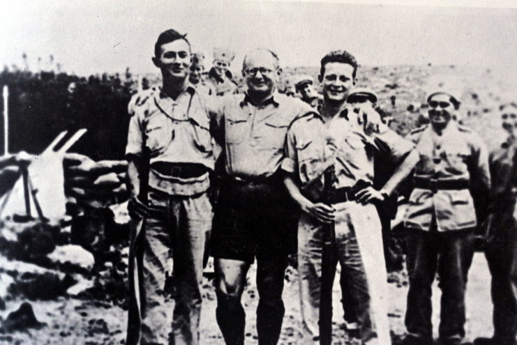 Moshe Dayan, Yitzhak Sadeh and Yigal Allon standing together