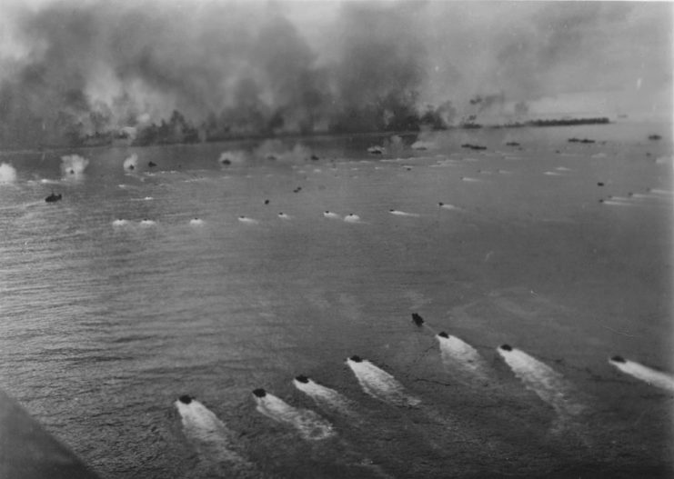 American landing craft pushing towards shore