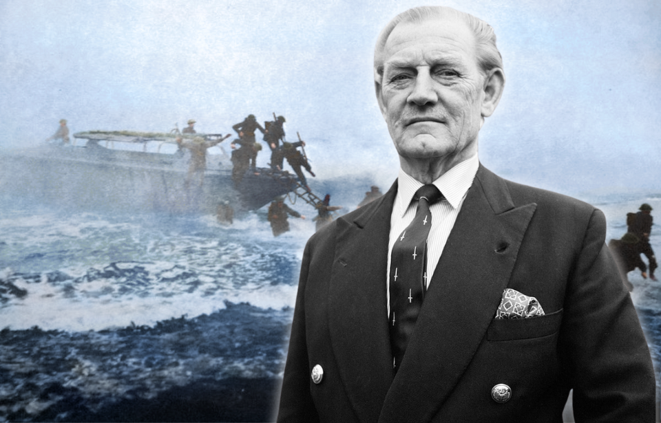 John "Mad Jack" Churchill and others running from an LCP (L), through the water, to the shore + Portrait of John "Mad Jack" Churchill
