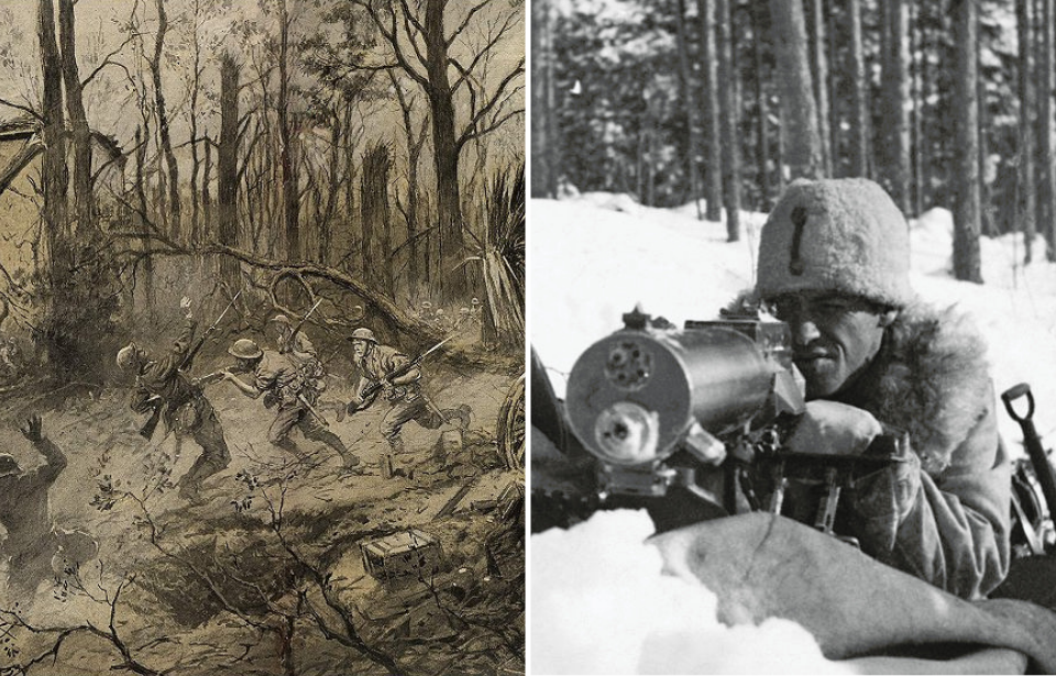 Artist's depiction of the Battle of Belleau Wood + Swedish machine gunner aiming a machine gun in the snow