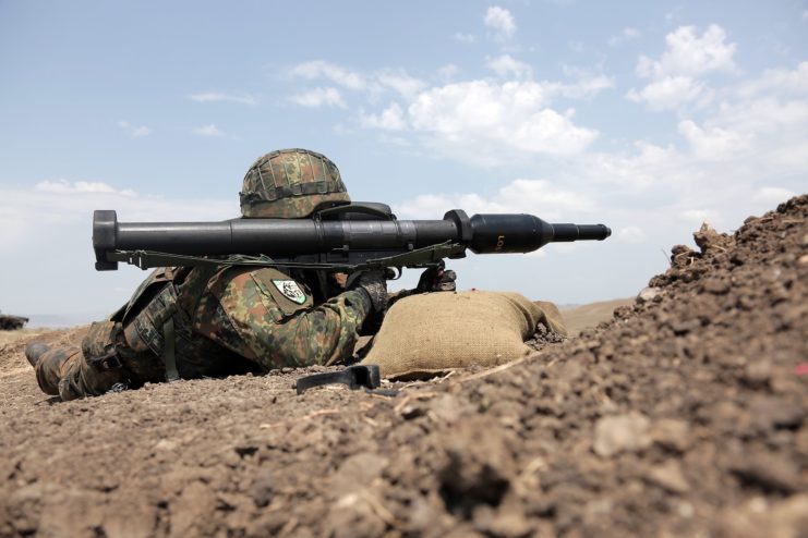 Germany Army Cpl. Vadim Ganshi aiming a Panzerfaust 3