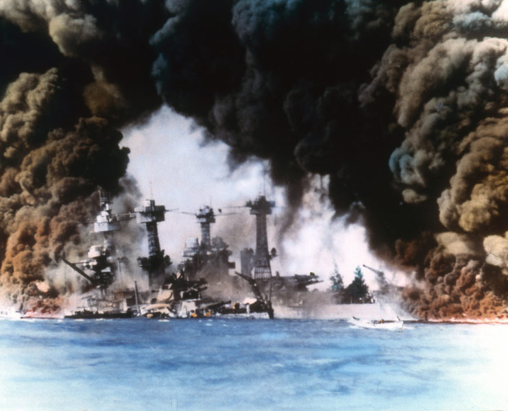 Battleships burn during the Pearl Harbor attacks
