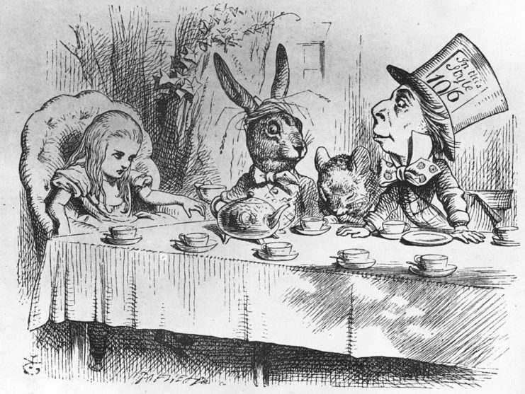 An illustration of the Mad Hatter's Tea Party from Alice's Adventures in Wonderland
