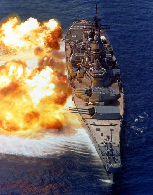 The USS Iowa firing a full broadside