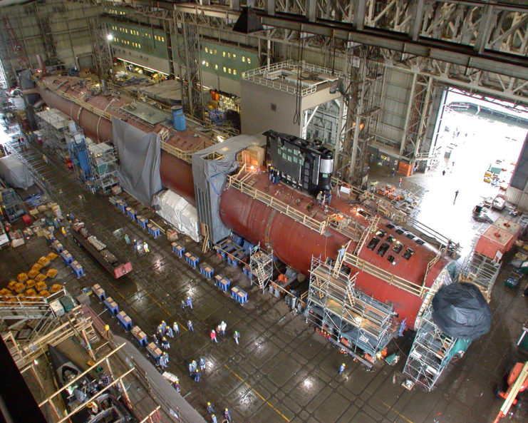 Overhead view of the USS Virginia being constructed