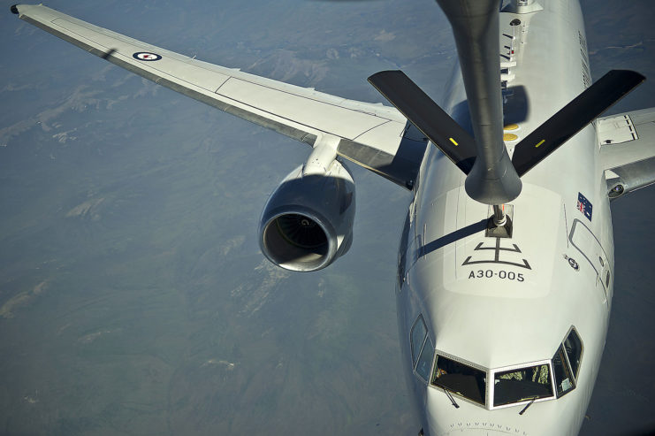 Aerial view of an E-7 Wedgetail refueling mid-flight