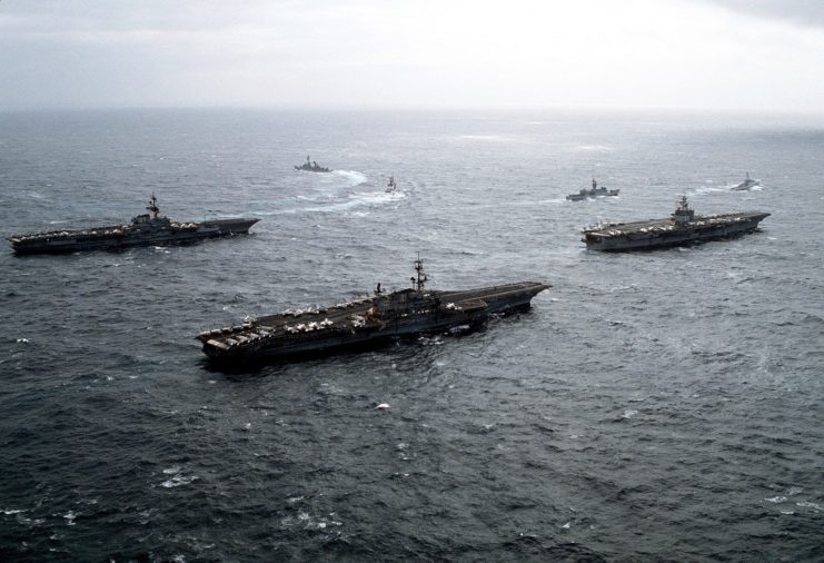 USS Coral Sea (CV-43), Enterprise (CVN-65) and Midway (CV-41) at sea