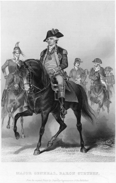 Drawing of Friedrich von Steuben riding a horse