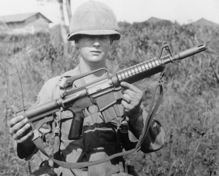 US soldier holding an M16 rifle