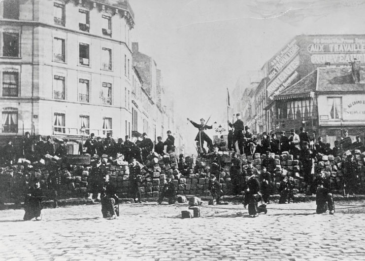 The French erect a barricade during the Franco-Prussian War