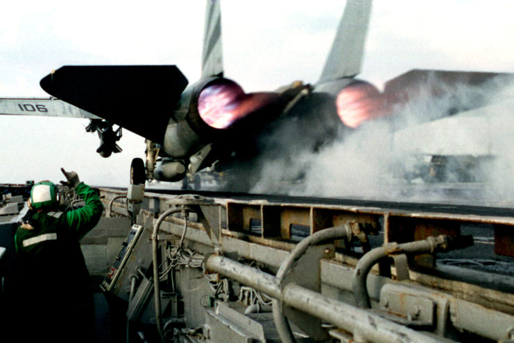 An F-14 Tomcat takes off from the USS Independence.