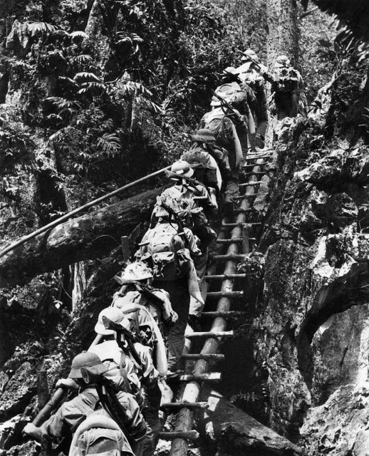 North Vietnamese soldiers walking in a line