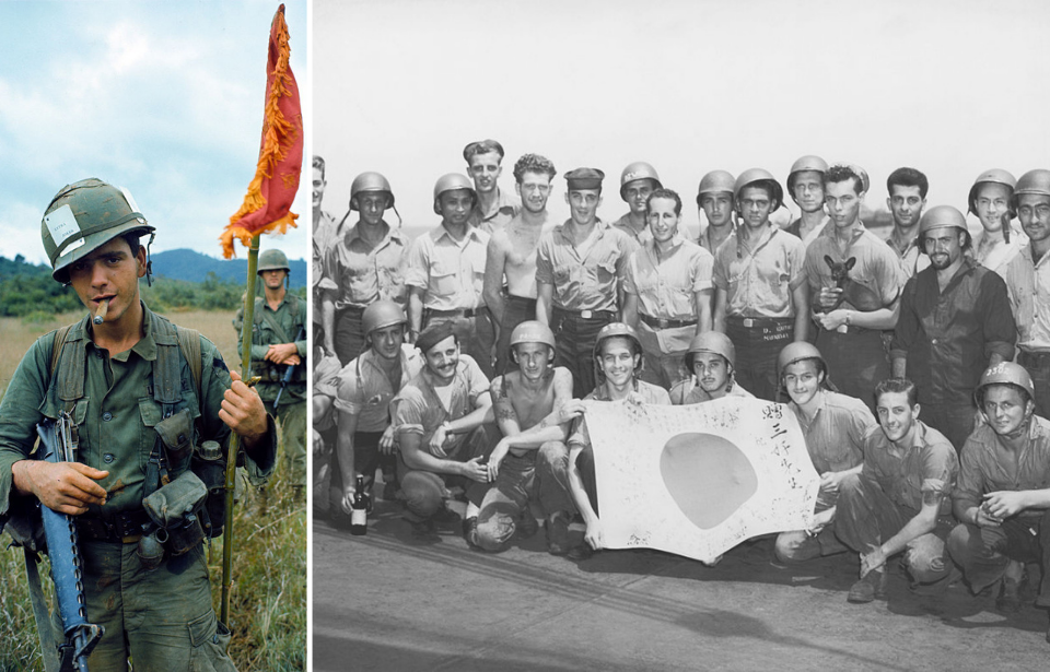 US soldiers walking in a line through tall grass + US Coast Guardsmen posing with a captured Japanese flag