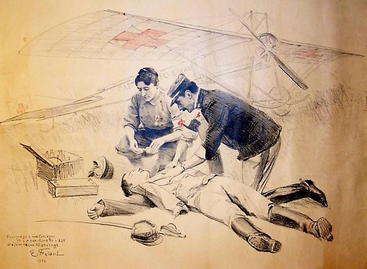 A drawing of Marie Marvingt's air ambulance