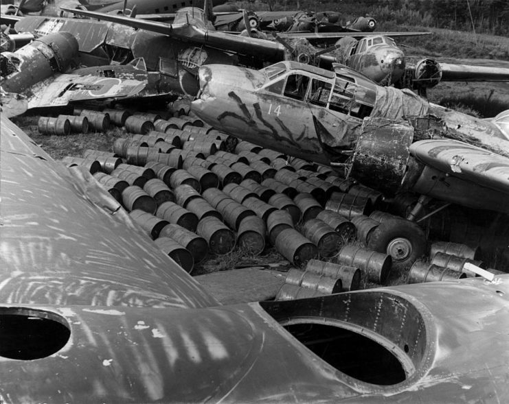 Remains of an airplane in rubble